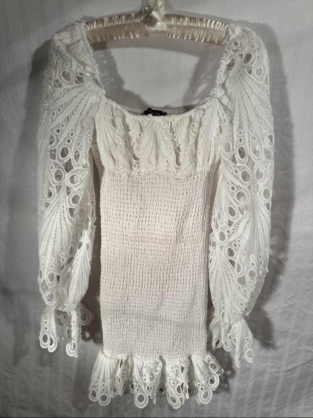 PrettyLittleThing White Lace Smocked Bardot Top